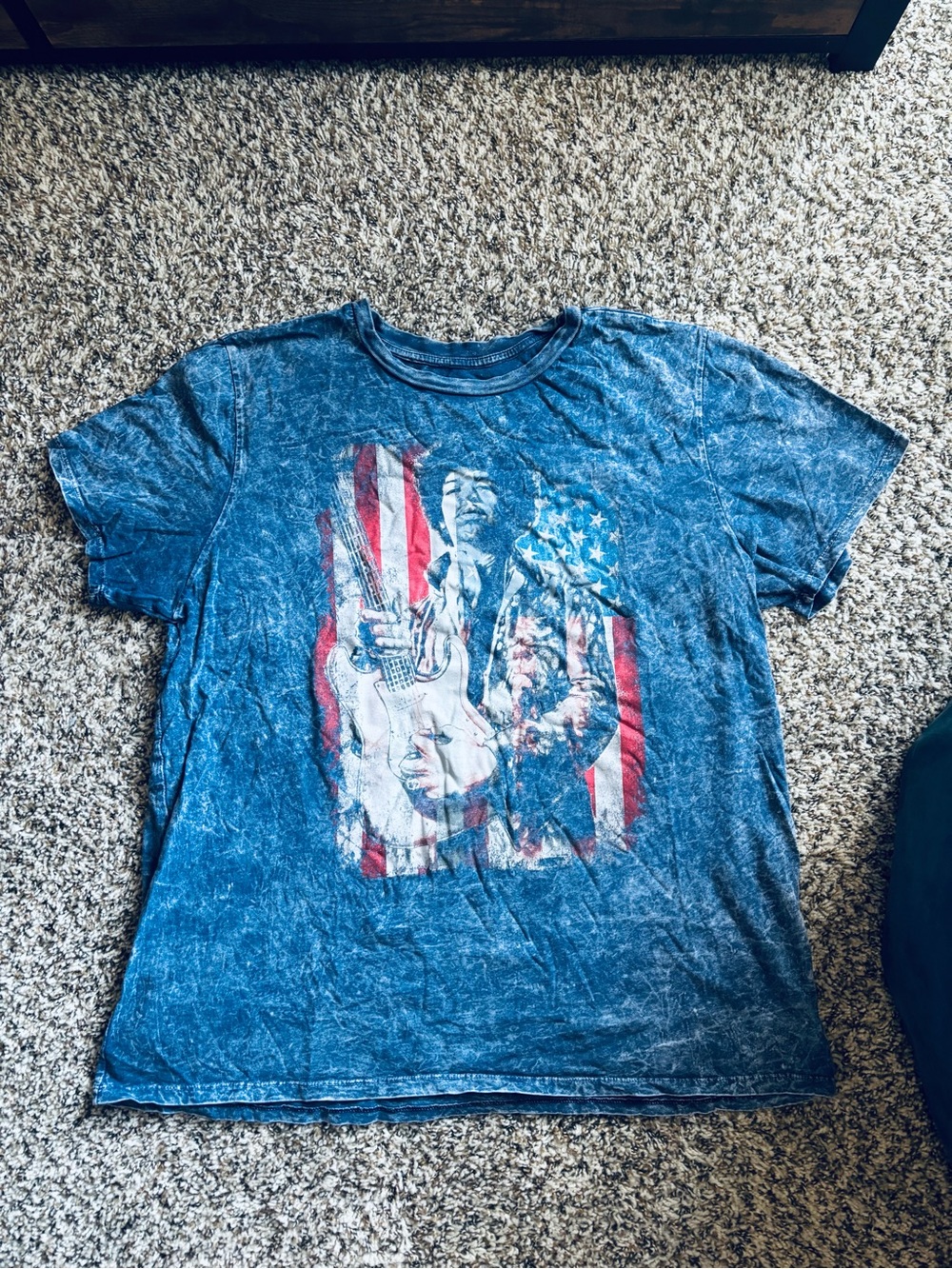 Jimi Hendrix Acid Wash Tee with Guitar & Flag Print